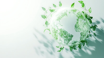 Poster - ecofriendly globe icon made of leaves and vines floating above a white background with soft shadows radiating a gentle green glow