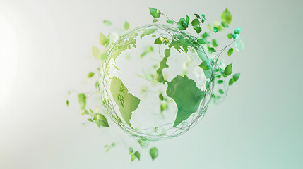 Poster - ecofriendly globe icon made of leaves and vines floating above a white background with soft shadows radiating a gentle green glow