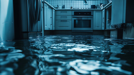 Poster - dramatic scene of a flooded kitchen with water pooling on tiled floor reflections of stainless steel appliances in the water create an eerie atmosphere emphasizing the urgency of property damage
