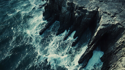 Aufkleber - dramatic aerial view of rugged coastline where turbulent ocean waves crash against weathered rocky cliffs creating mesmerizing patterns of foam and spray