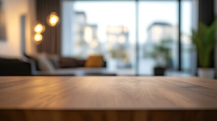 Aufkleber - contemporary living room with sleek wooden table in foreground blurred modern apartment interior in background warm lighting accentuates minimalist decor and open space design