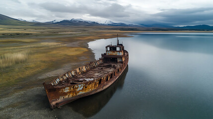 Poster - Wide-angle view of a weathered, rust-covered abandoned iron ship near a lake, The Pioneer vessel rests along the shores