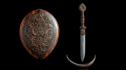 Poster - A shield and a keris with an elaborately carved handle and wavy blade, presenting a unique design