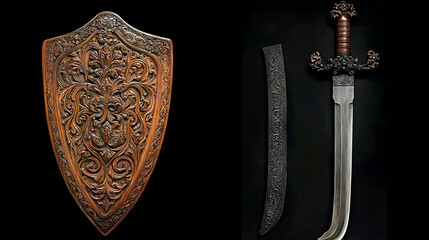 Poster - A shield and a keris with an elaborately carved handle and wavy blade, presenting a unique design