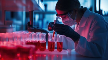 Poster - A Scientist in a Lab Coat Working with Test Tubes Filled with Red Liquid