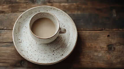 Aufkleber - ceramic cup and plates on a wooden table top view, minimalist set of handmade ceramic tableware and pottery