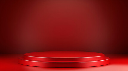 Poster - Red podium 3D illustration on room background red gradient color display advertising display with blank backdrop