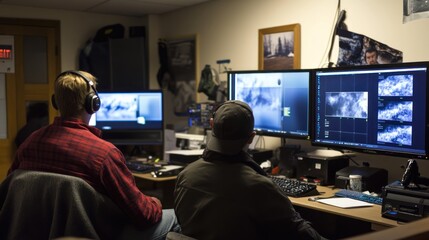 Poster - Two People Working on Computers in a Dimly Lit Office