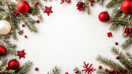 Wall Mural - A festive garland features branches, berries, and ornaments against a black background, creating an ideal frame for holiday messages