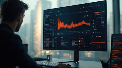 Poster - Man Analyzing Financial Data on a Large Computer Monitor
