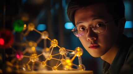 Aufkleber - A Young Man Wearing Glasses Studies a Molecular Model