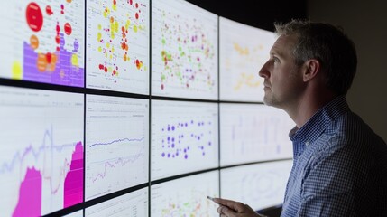 Poster - A man analyzing data displayed on a wall of computer screens