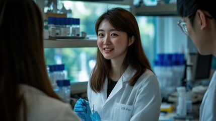 Poster - Female Scientist Wearing Lab Coat and Gloves in a Laboratory Setting