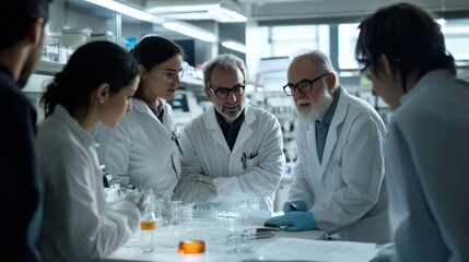 Poster - Scientists in Lab Coats Discussing Research Over Test Tubes and Papers