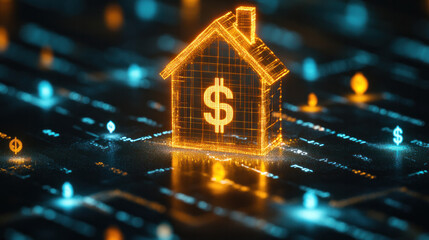 Poster - A house made of dollar signs is lit up in a dark background. The house is surrounded by many other dollar signs, creating a sense of abundance and wealth