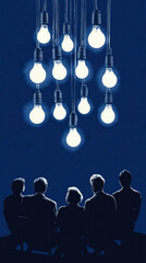 Poster - A group of people sitting in chairs with a light bulb hanging above them. The light bulb is lit up and the people are looking up at it. Scene is one of curiosity and wonder