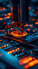 Poster - A computer chip is being printed on a circuit board. The image has a futuristic and technological feel to it