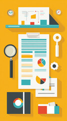 Poster - a yellow background with a magnifying glass, a piece of paper with a graph, and a piece of paper wit
