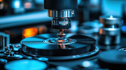 Poster - A close up of a record player with a disc being cut. The record player is surrounded by other electronic equipment