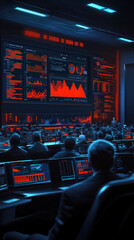 Poster - A group of people are sitting in front of a computer monitor with a red line on it. The people are looking at the screen intently