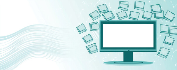 Poster - a computer monitor with a blue background and a white screen. the screen is filled with many books