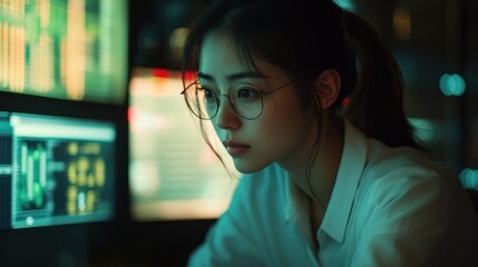 Poster - Woman in Glasses Focused on Computer Screen with Green Lights