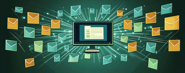 Poster - a computer monitor shows a large number of emails, with some of them being yellow and green. concept