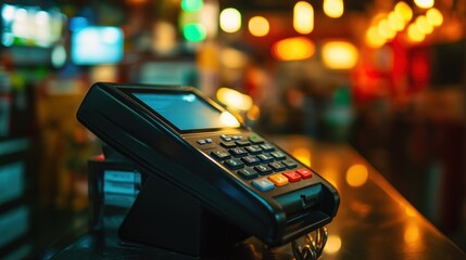 Aufkleber - Close-up of a Black Card Reader with a Blurry Background of Lights