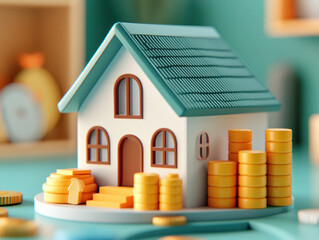 Poster - A house with a pile of gold coins on the ground in front of it. The house is white and has a blue roof. The coins are stacked in a pyramid shape, with the largest one at the bottom