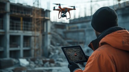 Poster - Construction Worker Using Drone and Tablet for Site Inspection