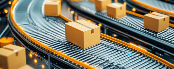 Poster - A conveyor belt with boxes on it. The boxes are stacked and are moving along the conveyor belt