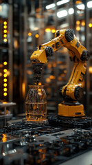 Poster - A robot is pouring liquid into a glass bottle. The robot is yellow and has a mechanical appearance. The scene is set in a factory or industrial setting