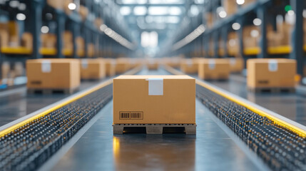 Poster - A box is sitting on a conveyor belt in a warehouse. The conveyor belt is moving and the box is the only one on it