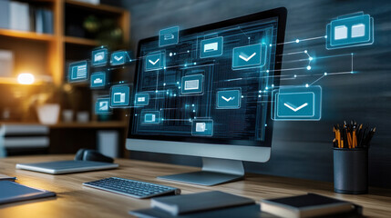 Poster - a computer monitor displays a complex network of emails and other digital files. concept of informat