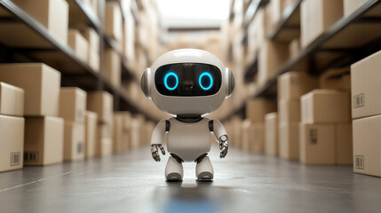 Poster - A robot is standing in a warehouse with boxes around it. The robot is white and has blue eyes