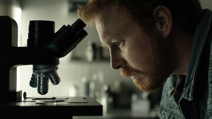 Poster - A man with a beard intently looks into the lens of a microscope