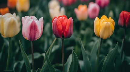 Poster - Colorful Tulips Emerging from Lush Green Foliage