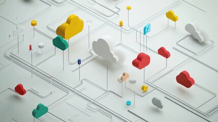 Poster - Abstract 3D Cloud Computing Network with Colored Shapes and Wires