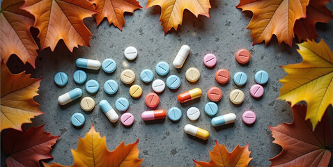 Dietary supplements such as vitamins and trace elements in tablet form to strengthen the body's defenses against diseases in autumn and winter