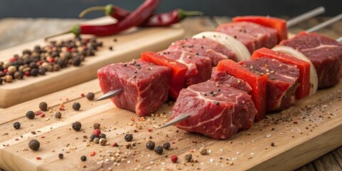 Wall Mural - Raw meat skewers with red pepper, onion, and spices, ready for grilling on a wooden board