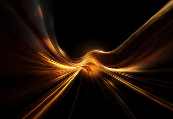 Poster - abstract golden light streaks converge and expand outward from the center of a black background.