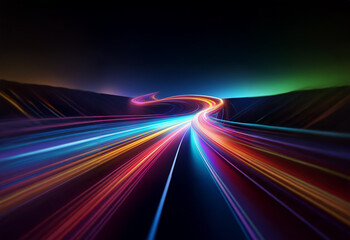 Poster - a winding, colorful road through a dark, abstract landscape.