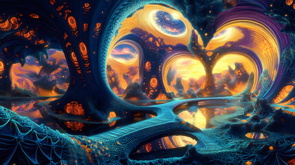 Wall Mural - Electric dreamscape futuristic abstract landscape with bright neon colors and intricate patterns, generative ai. Dreamscape. Illustration