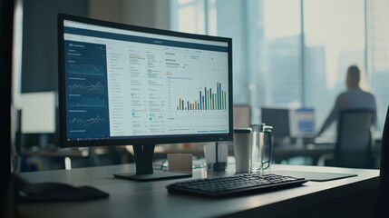 Poster - Modern office workspace with desktop computer displaying business analytics data and a keyboard