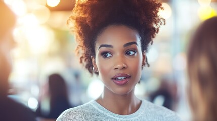 Poster - Young Woman with Afro Hairstyle Looking Away While Wearing a White Sweater