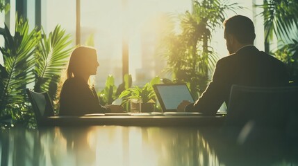 Poster - Two Silhouetted Figures Working at a Table by a Window
