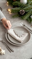 Canvas Print - Beautifully arranged Christmas table setting featuring silver cutlery, plates, and a tree-shaped napkin on a white tablecloth, ideal for celebrations