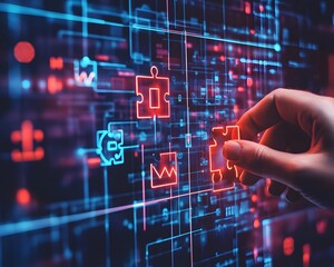 Poster - A hand interacting with a digital puzzle interface, representing technology, data analysis, and problem solving in a futuristic setting.
