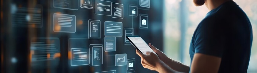 Poster - A person interacts with a digital interface, exploring various screens and information using a tablet device in a modern setting.