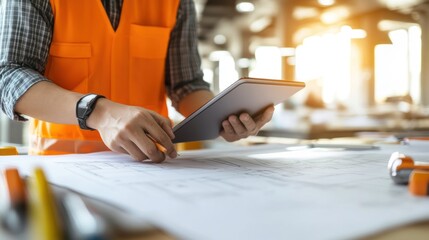 Poster - Construction Worker Reviewing Plans with Tablet and Pencil